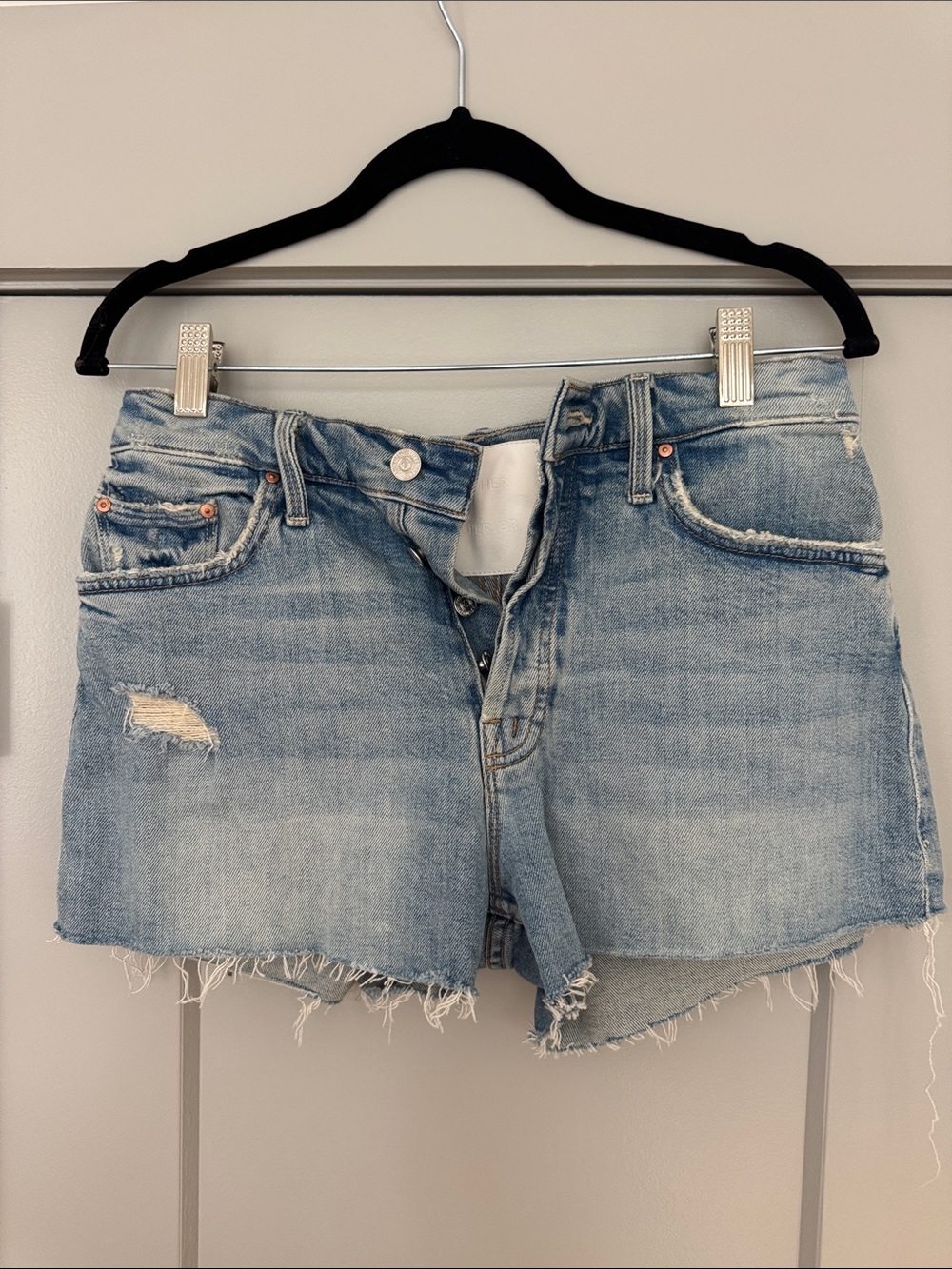 MOTHER Superior Light Blue Distressed Denim Cutoff Shorts